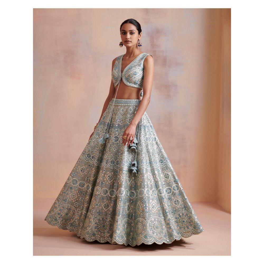 SUHINO Ice Blue Slub Silk Lehenga with Blouse & Dupatta (Set of 3)