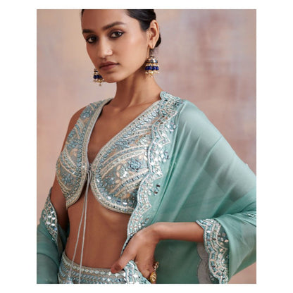 SUHINO Ice Blue Slub Silk Lehenga with Blouse & Dupatta (Set of 3)