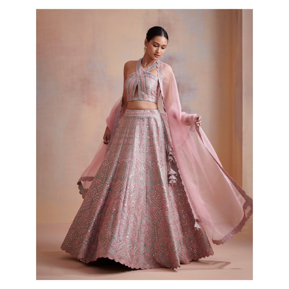 SUHINO Ice Blue Slub Silk Lehenga with Blouse & Dupatta (Set of 3)