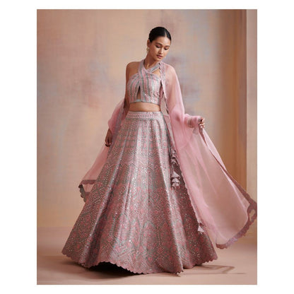 SUHINO Ice Blue Slub Silk Lehenga with Blouse & Dupatta (Set of 3)