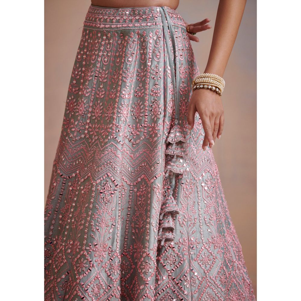 SUHINO Ice Blue Slub Silk Lehenga with Blouse & Dupatta (Set of 3)