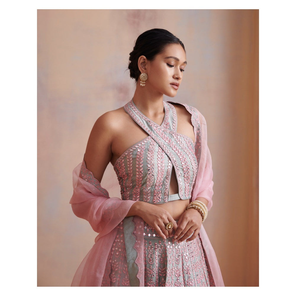 SUHINO Ice Blue Slub Silk Lehenga with Blouse & Dupatta (Set of 3)