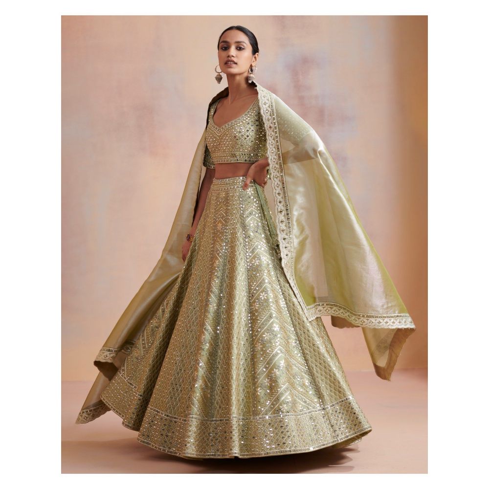 SUHINO Sage Green Slub Silk Lehenga with Blouse & Dupatta (Set of 3)