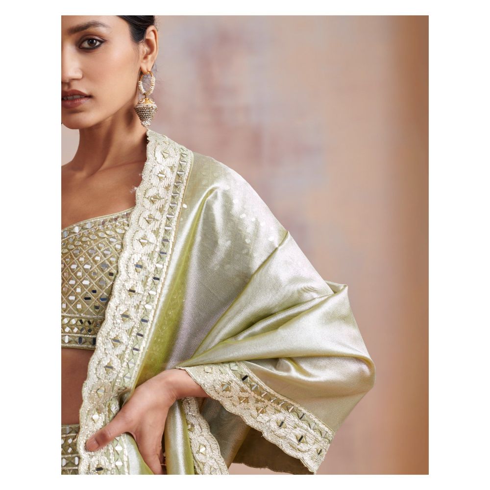 SUHINO Sage Green Slub Silk Lehenga with Blouse & Dupatta (Set of 3)