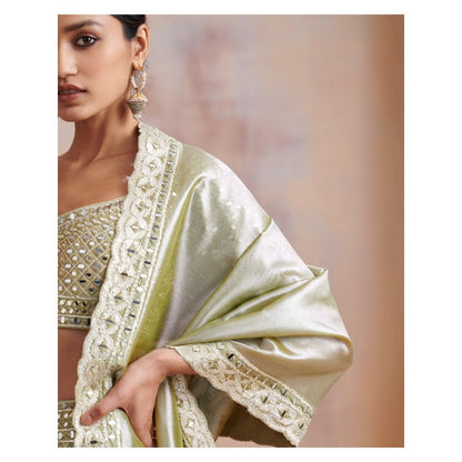 SUHINO Sage Green Slub Silk Lehenga with Blouse & Dupatta (Set of 3)