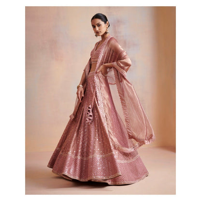SUHINO Rose Gold Slub Silk Lehenga with Blouse & Dupatta (Set of 3)