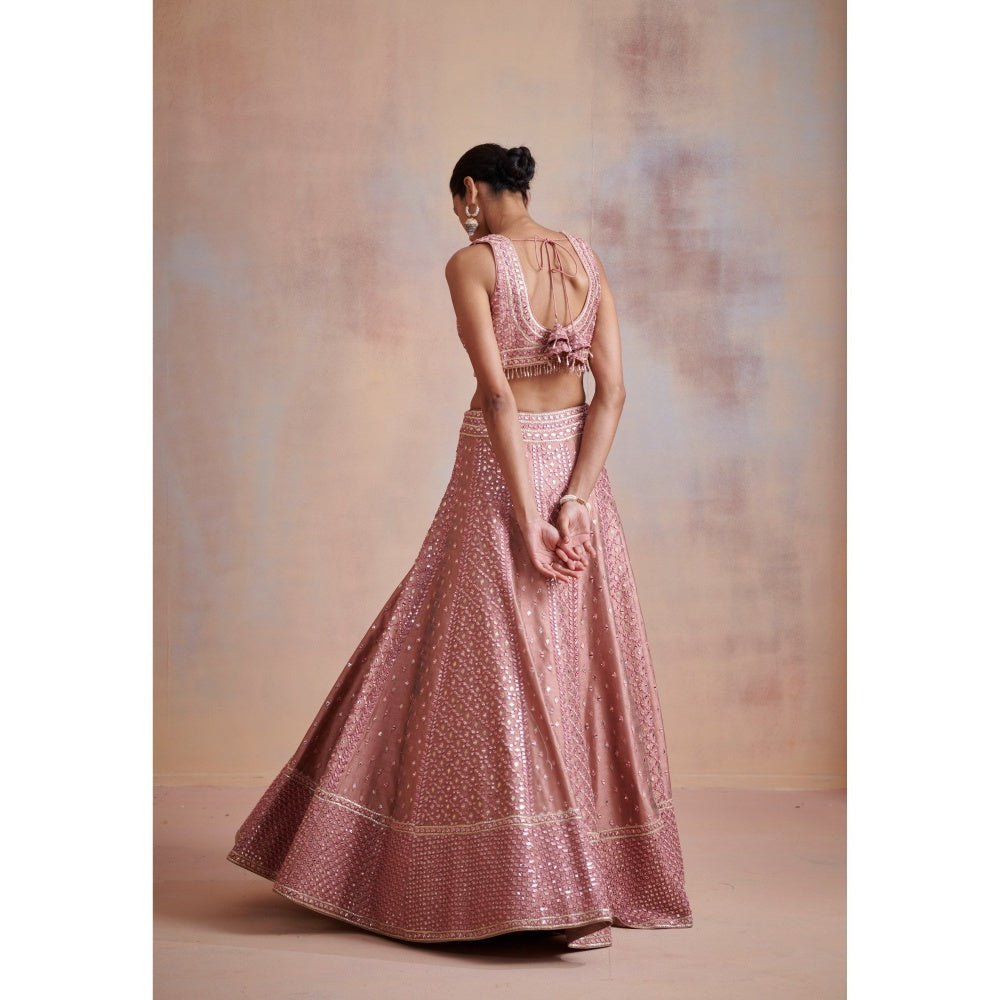 SUHINO Rose Gold Slub Silk Lehenga with Blouse & Dupatta (Set of 3)