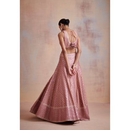 SUHINO Rose Gold Slub Silk Lehenga with Blouse & Dupatta (Set of 3)
