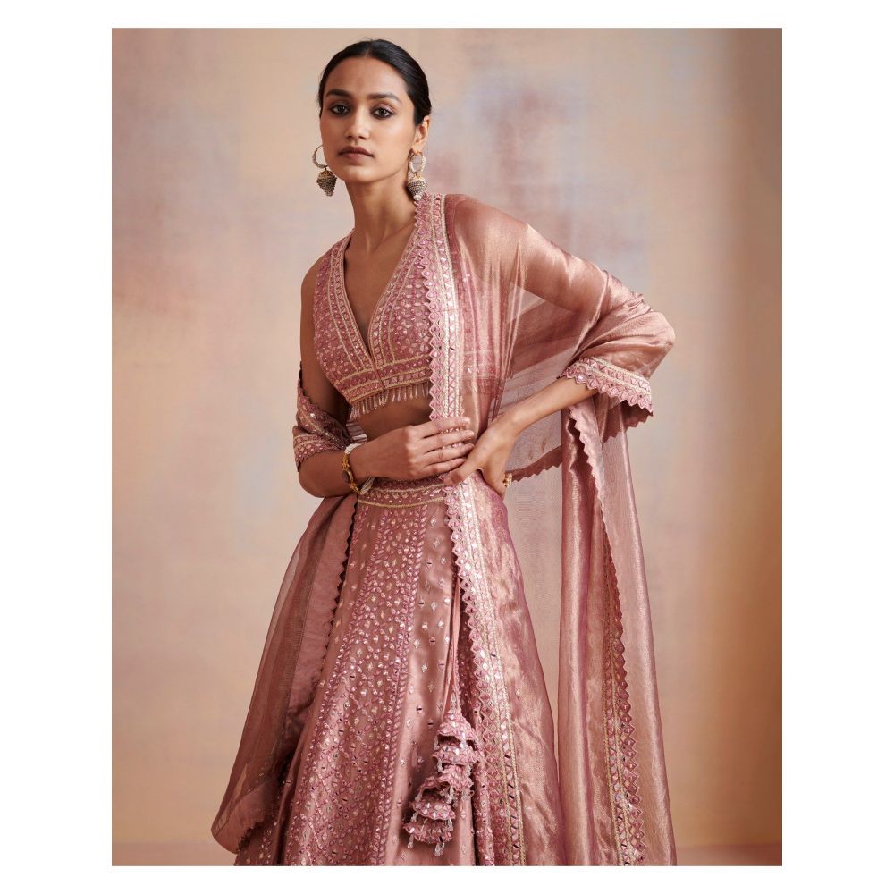 SUHINO Rose Gold Slub Silk Lehenga with Blouse & Dupatta (Set of 3)