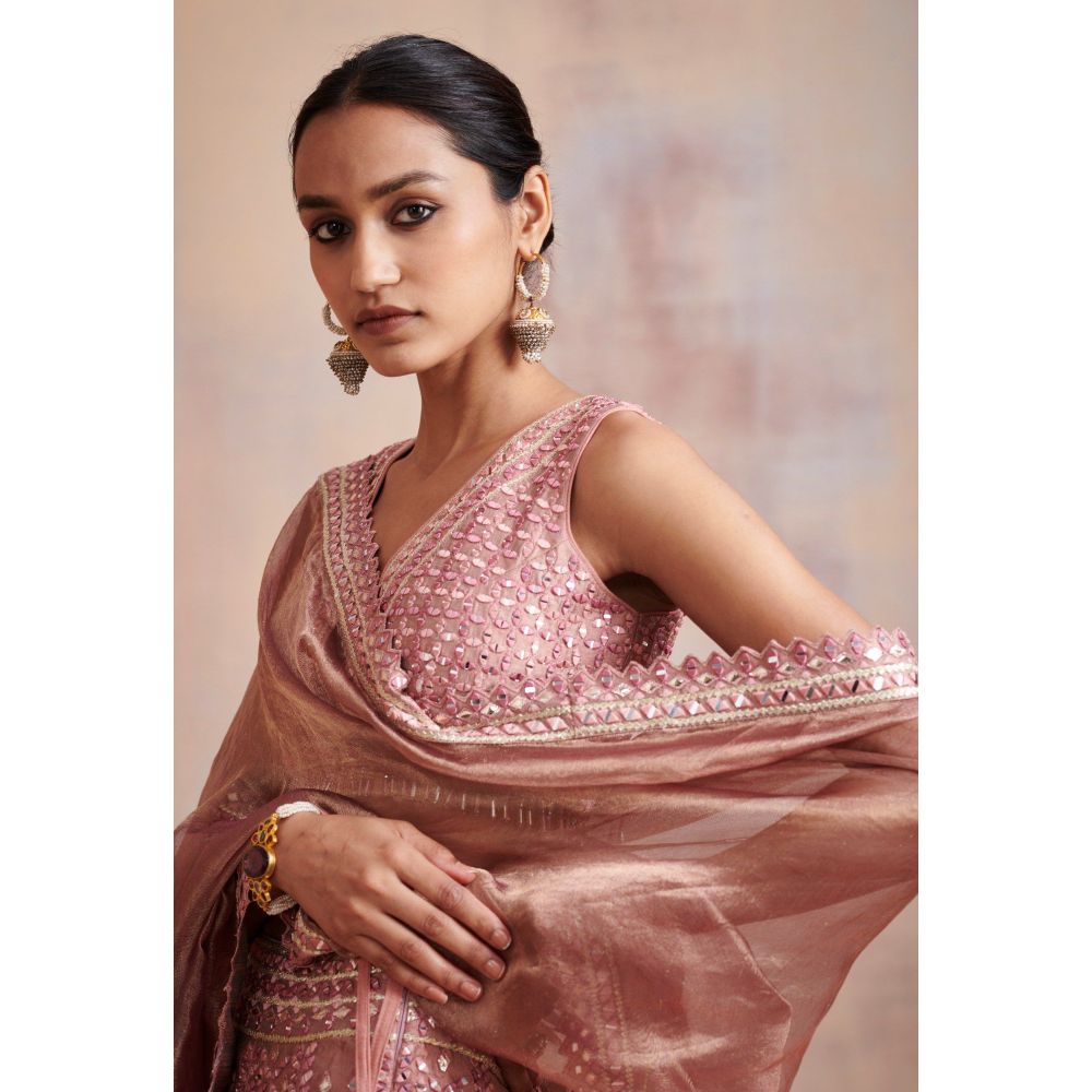 SUHINO Rose Gold Slub Silk Lehenga with Blouse & Dupatta (Set of 3)