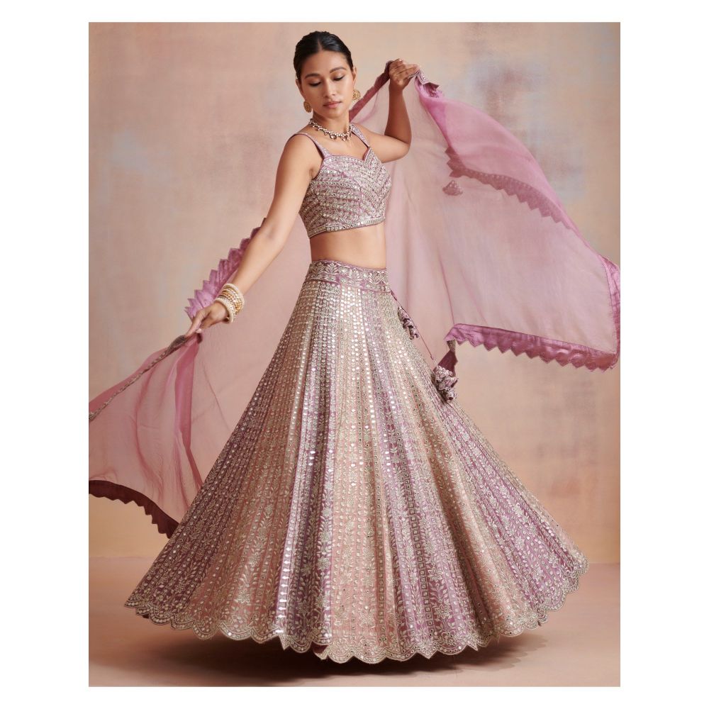 SUHINO Plum Old Rose Dual Color Slub Silk Lehenga with Blouse & Dupatta (Set of 3)