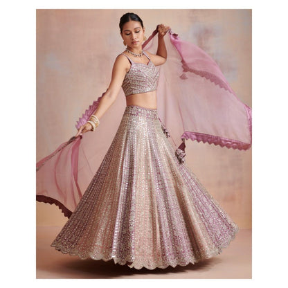 SUHINO Plum Old Rose Dual Color Slub Silk Lehenga with Blouse & Dupatta (Set of 3)