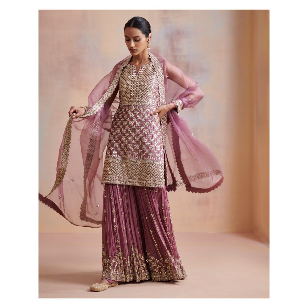 SUHINO Purple Slub Silk Kurta with Sharara & Dupatta (Set of 3)