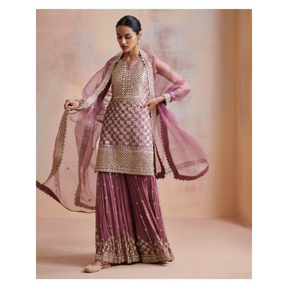 SUHINO Purple Slub Silk Kurta with Sharara & Dupatta (Set of 3)