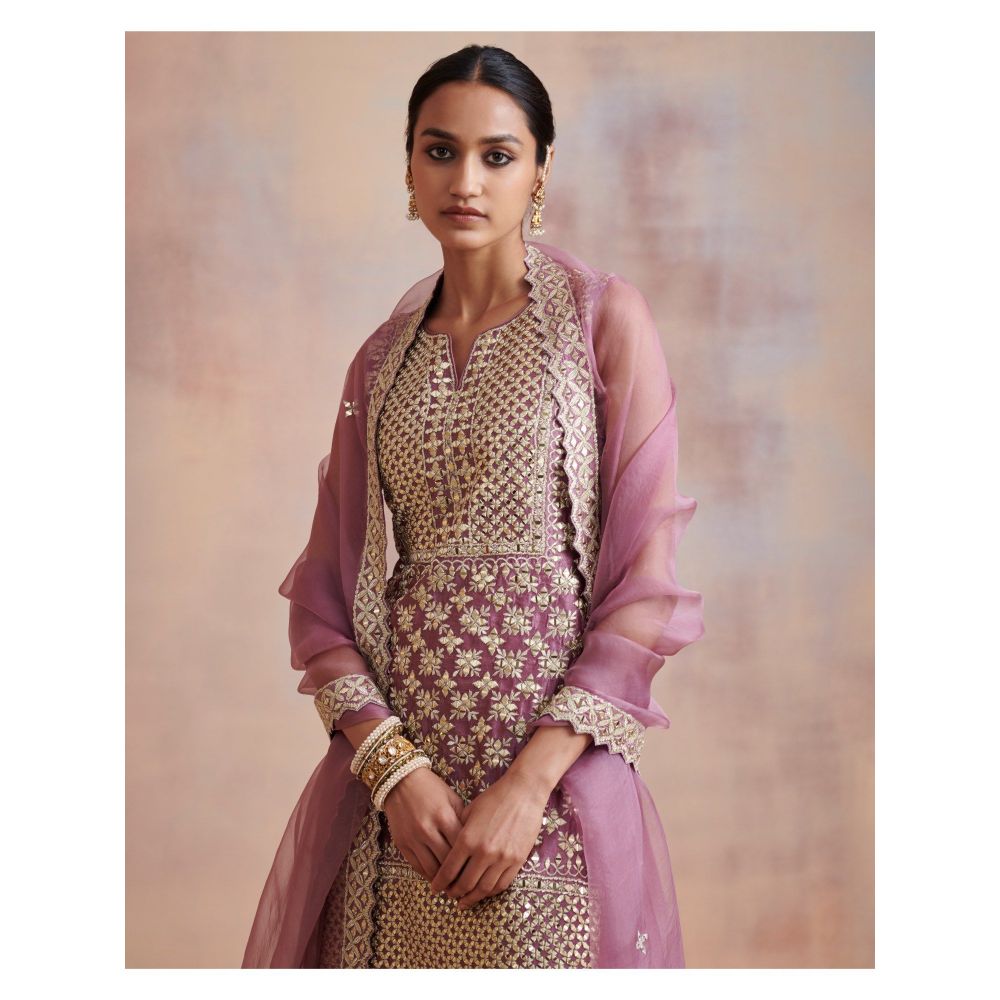 SUHINO Purple Slub Silk Kurta with Sharara & Dupatta (Set of 3)