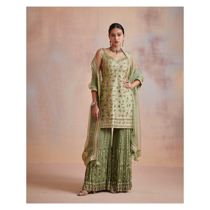 SUHINO Sage Green Slub Silk Kurta with Sharara & Dupatta (Set of 3)