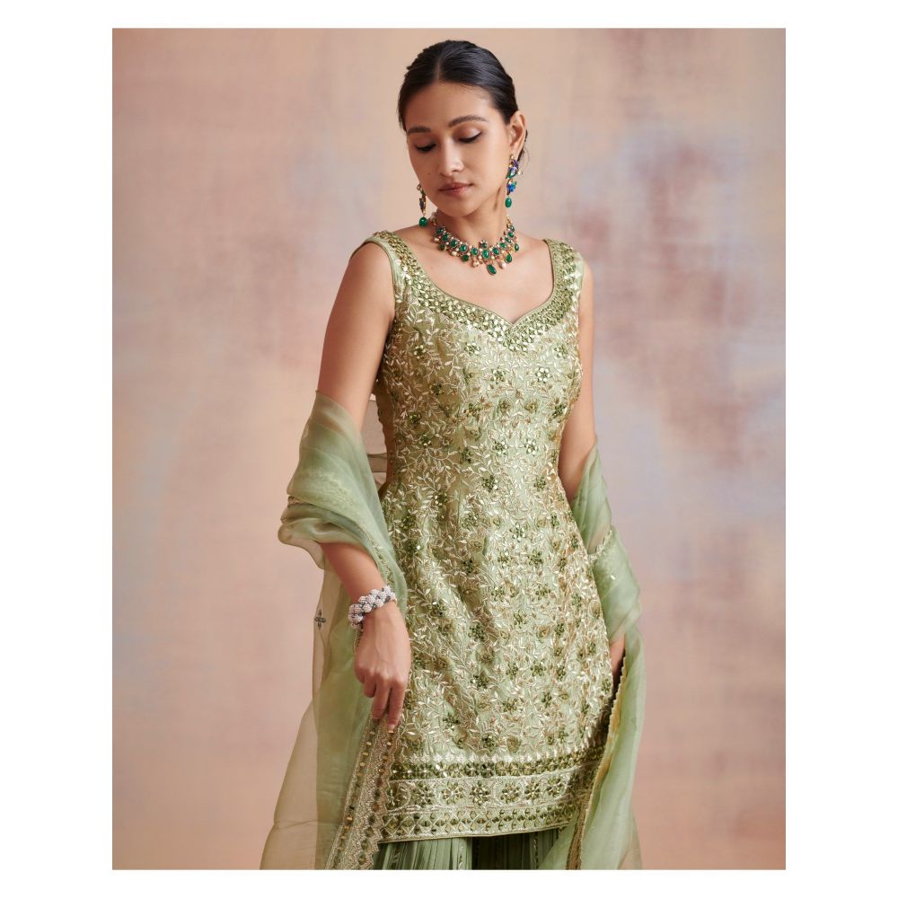 SUHINO Sage Green Slub Silk Kurta with Sharara & Dupatta (Set of 3)