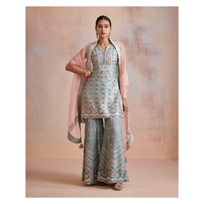 SUHINO Ice Blue Slub Silk Kurta with Sharara & Dupatta (Set of 3)