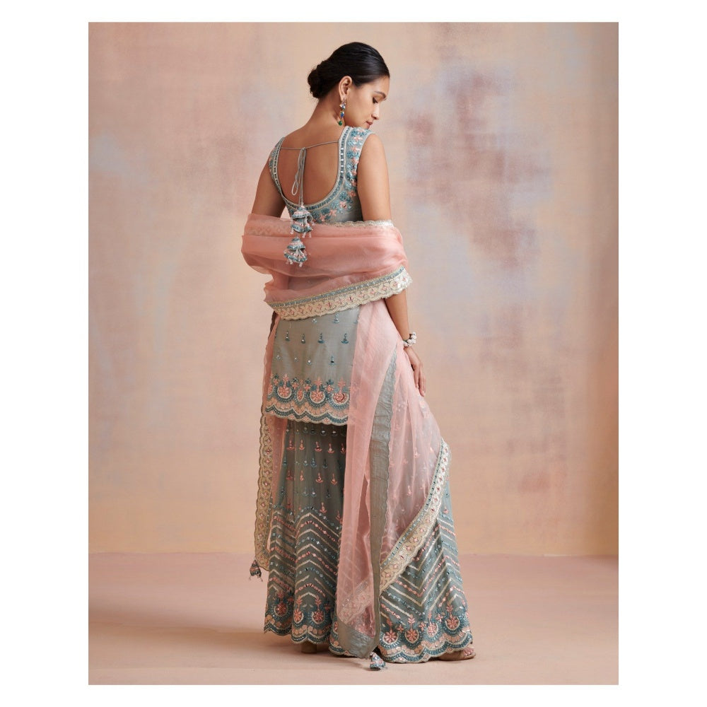 SUHINO Ice Blue Slub Silk Kurta with Sharara & Dupatta (Set of 3)