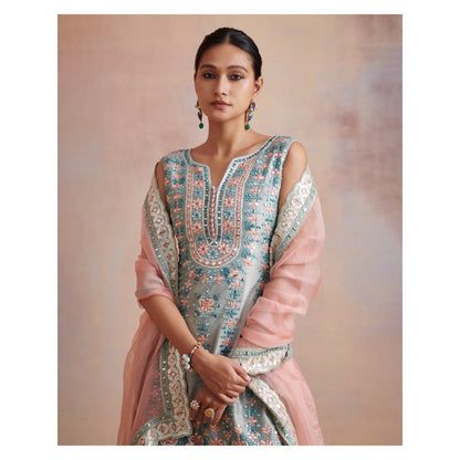 SUHINO Ice Blue Slub Silk Kurta with Sharara & Dupatta (Set of 3)