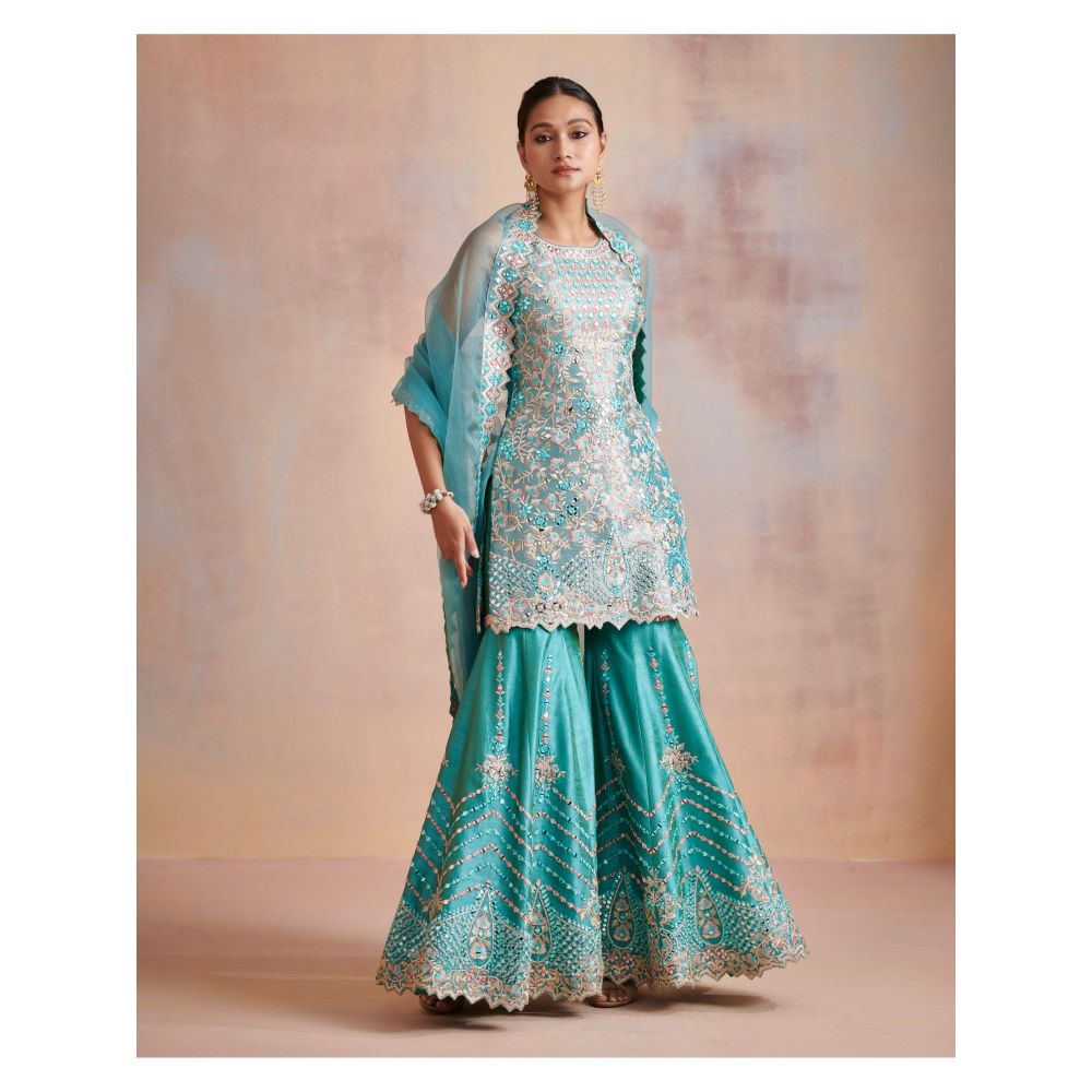 SUHINO Turquoise Tissue Kurta with Sharara & Dupatta (Set of 3)