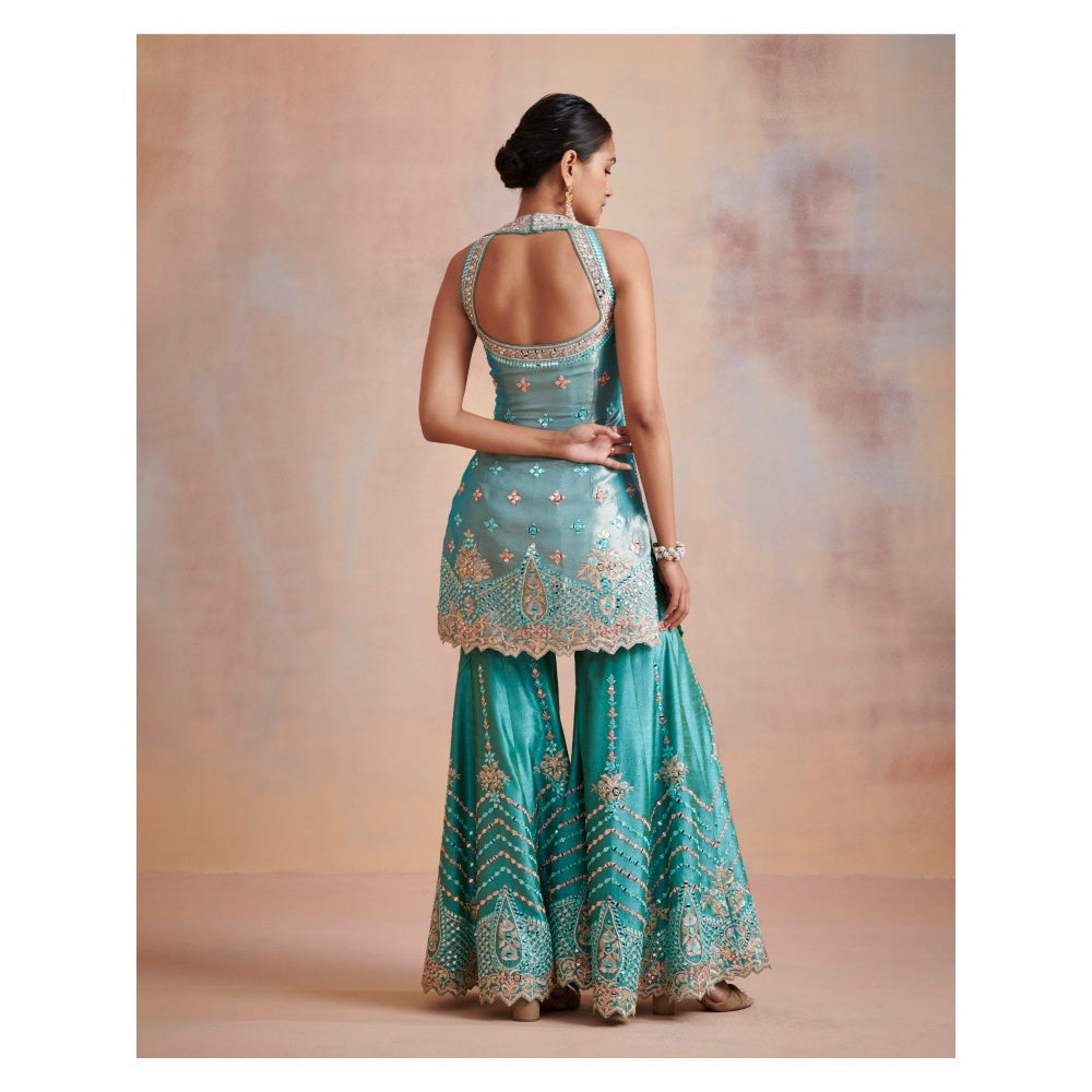 SUHINO Turquoise Tissue Kurta with Sharara & Dupatta (Set of 3)