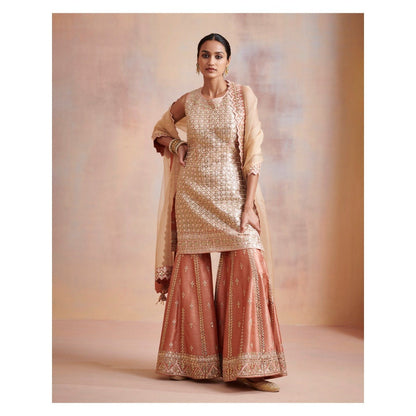 SUHINO Melon Peach Tissue Kurta with Sharara & Dupatta (Set of 3)