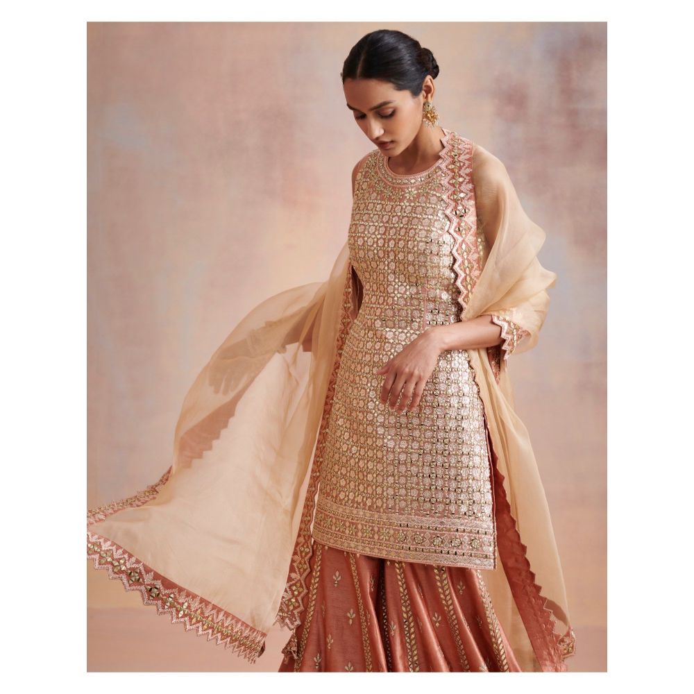 SUHINO Melon Peach Tissue Kurta with Sharara & Dupatta (Set of 3)