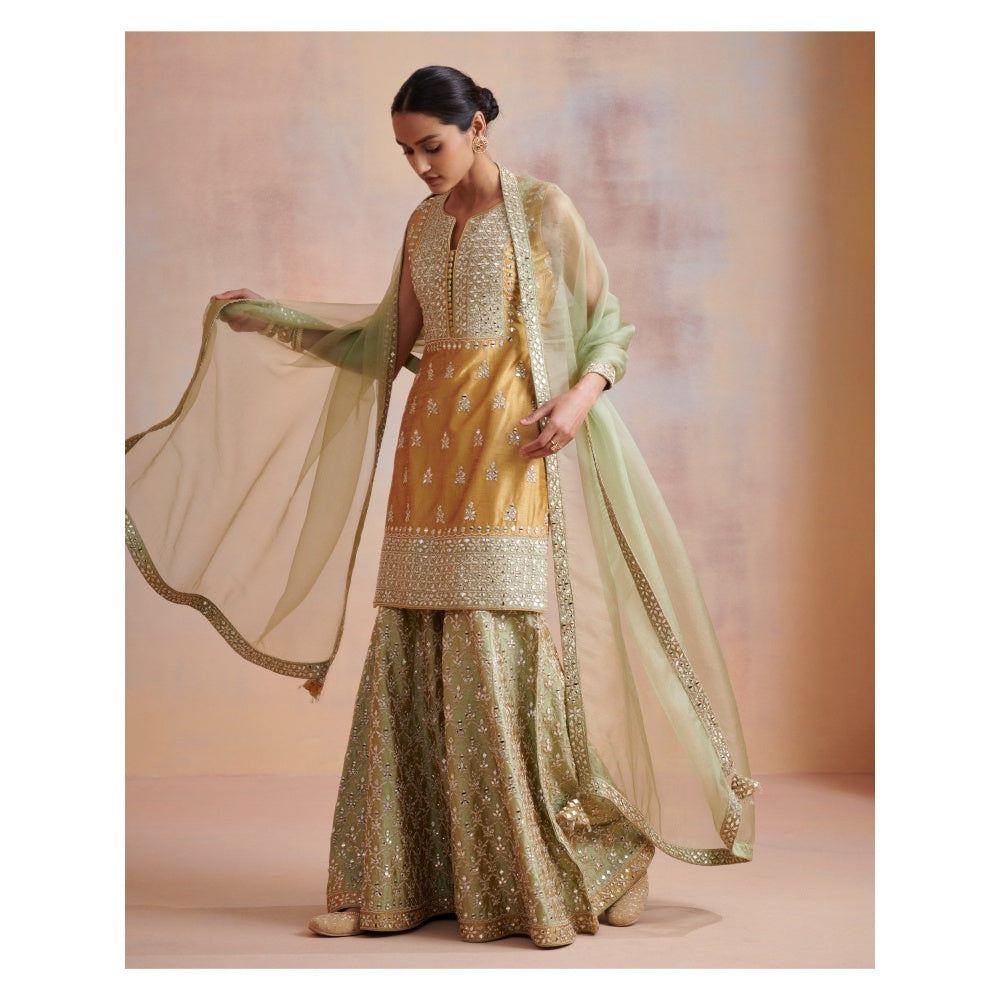 SUHINO Mustard Sage Green Slub Silk Kurta with Sharara & Dupatta (Set of 3)