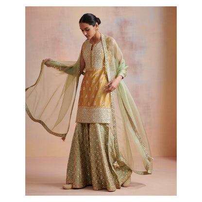 SUHINO Mustard Sage Green Slub Silk Kurta with Sharara & Dupatta (Set of 3)