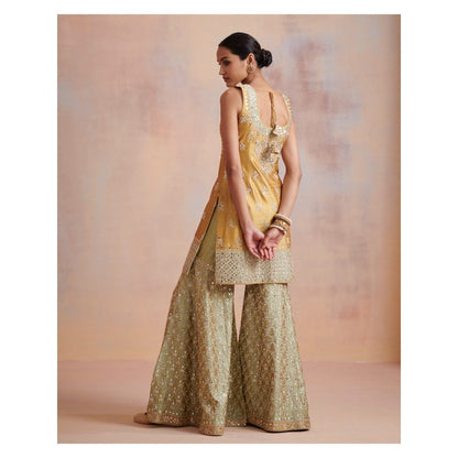 SUHINO Mustard Sage Green Slub Silk Kurta with Sharara & Dupatta (Set of 3)