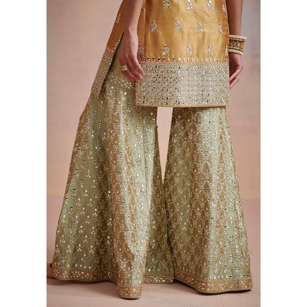 SUHINO Mustard Sage Green Slub Silk Kurta with Sharara & Dupatta (Set of 3)