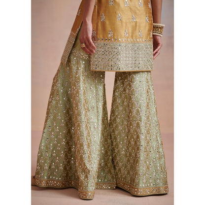 SUHINO Mustard Sage Green Slub Silk Kurta with Sharara & Dupatta (Set of 3)