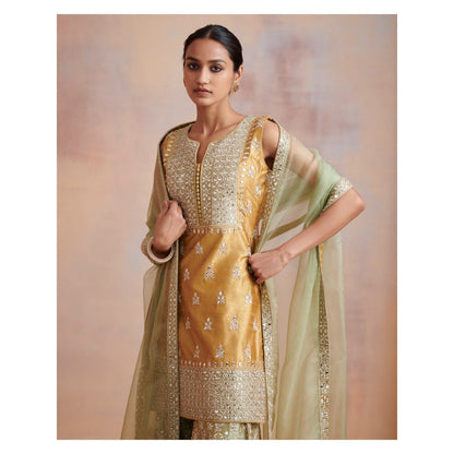 SUHINO Mustard Sage Green Slub Silk Kurta with Sharara & Dupatta (Set of 3)