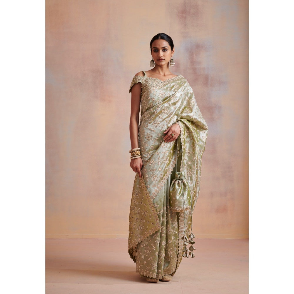 SUHINO Moss Green Tissue Saree with Stitched Blouse & Petticoat
