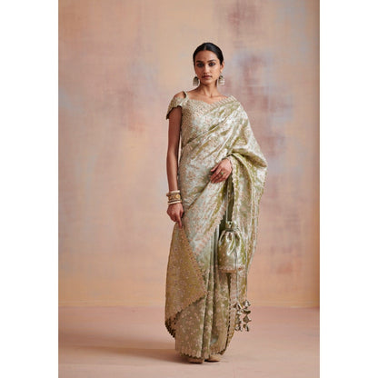 SUHINO Moss Green Tissue Saree with Stitched Blouse & Petticoat