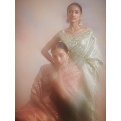 SUHINO Moss Green Tissue Saree with Stitched Blouse & Petticoat