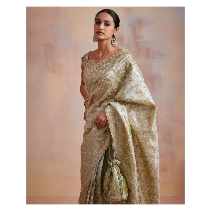 SUHINO Moss Green Tissue Saree with Stitched Blouse & Petticoat