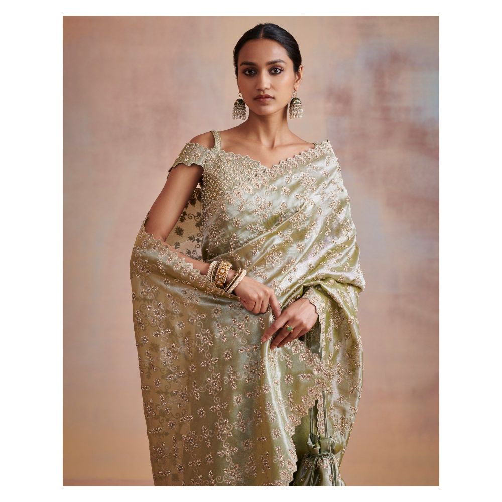 SUHINO Moss Green Tissue Saree with Stitched Blouse & Petticoat