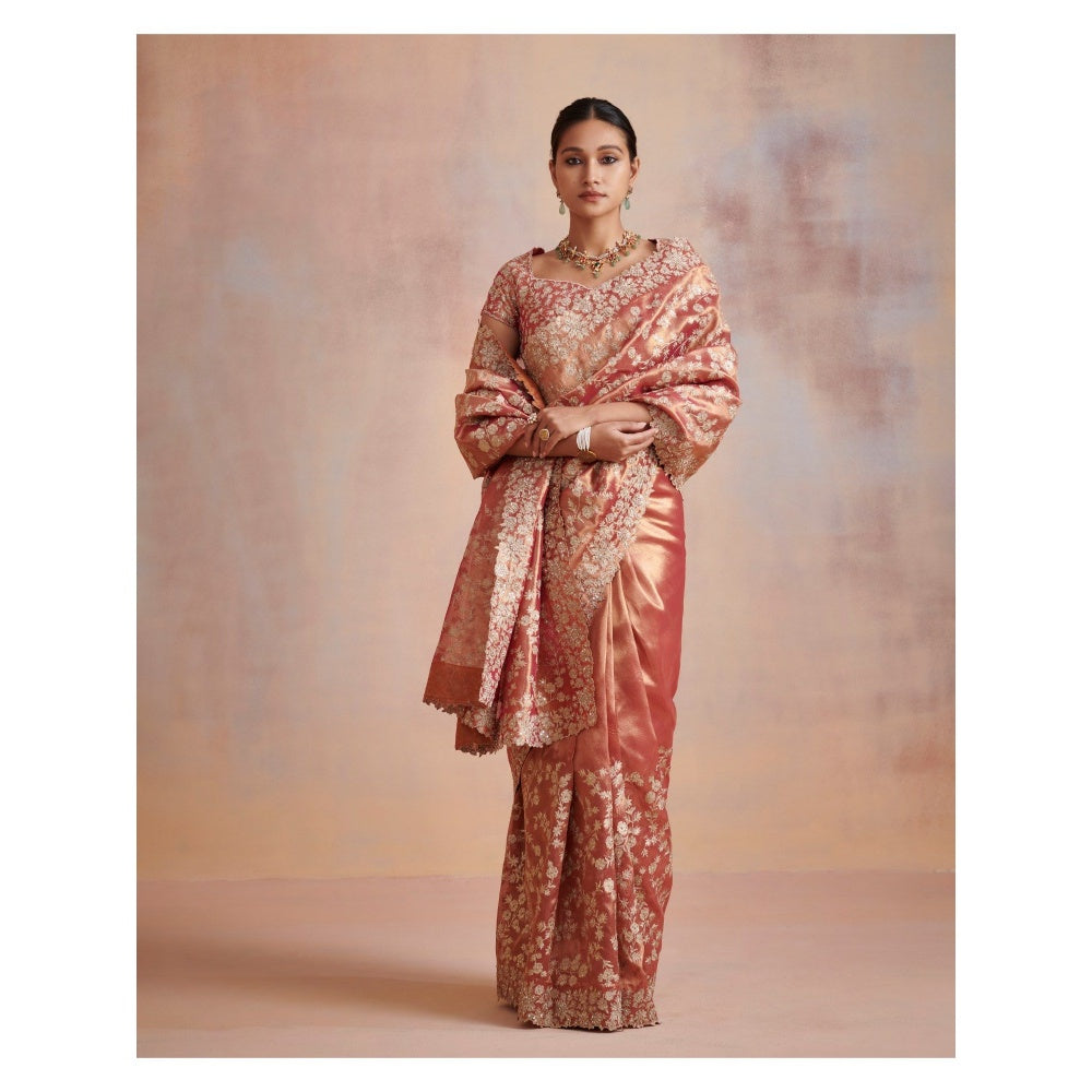 SUHINO Rust Tissue Saree with Stitched Blouse & Petticoat