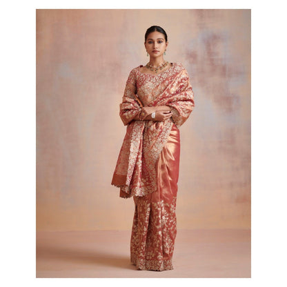 SUHINO Rust Tissue Saree with Stitched Blouse & Petticoat