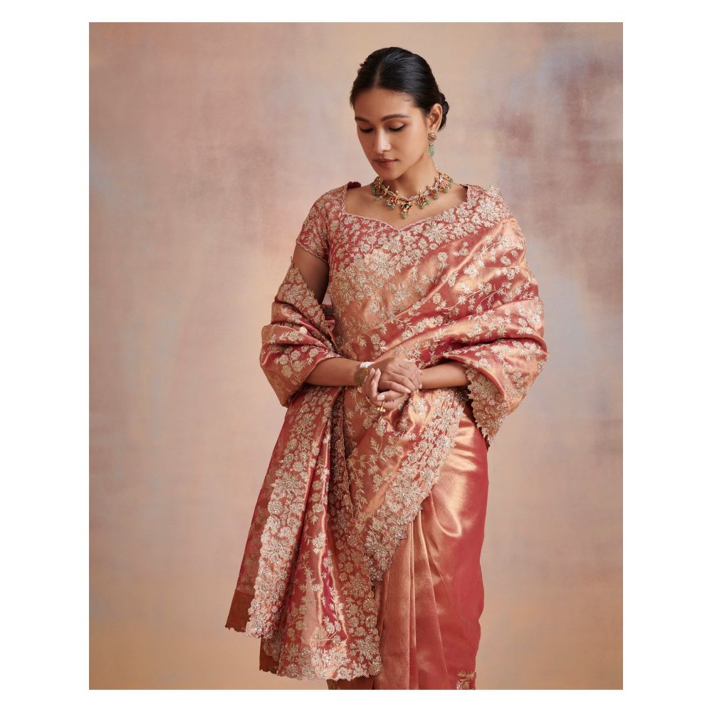 SUHINO Rust Tissue Saree with Stitched Blouse & Petticoat