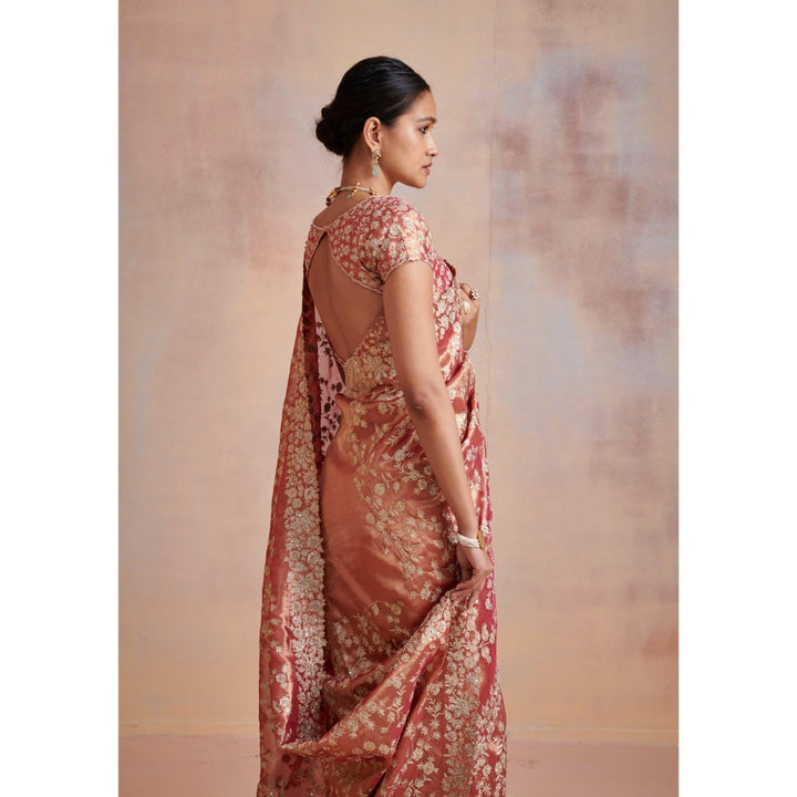 SUHINO Rust Tissue Saree with Stitched Blouse & Petticoat