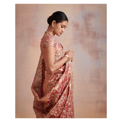 SUHINO Rust Tissue Saree with Stitched Blouse & Petticoat