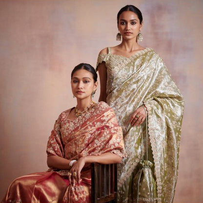 SUHINO Rust Tissue Saree with Stitched Blouse & Petticoat