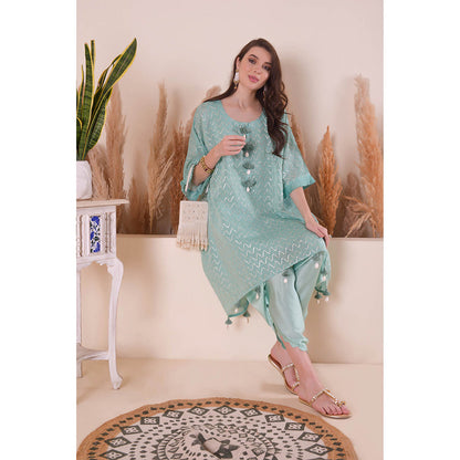 SURABHI ARYA Azure Blue Wave Kimono Kurta with Dhoti Pant and Slip