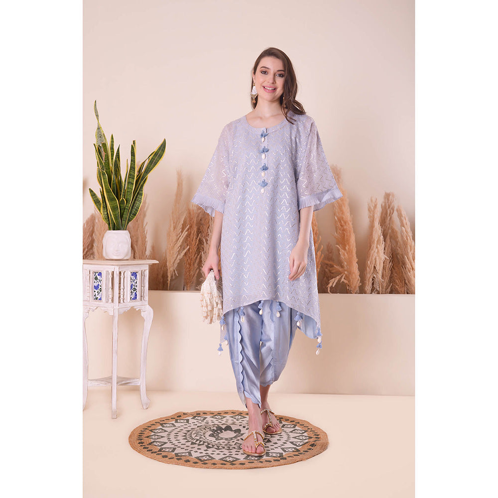 SURABHI ARYA Powder Blue Wave Kimono Kurta with Dhoti Pant and Slip- Lavender