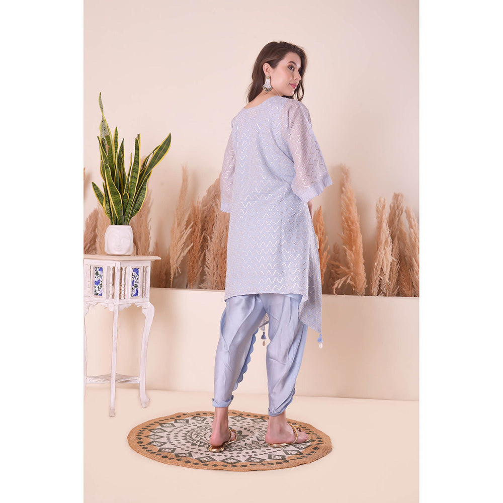 SURABHI ARYA Powder Blue Wave Kimono Kurta with Dhoti Pant and Slip- Lavender