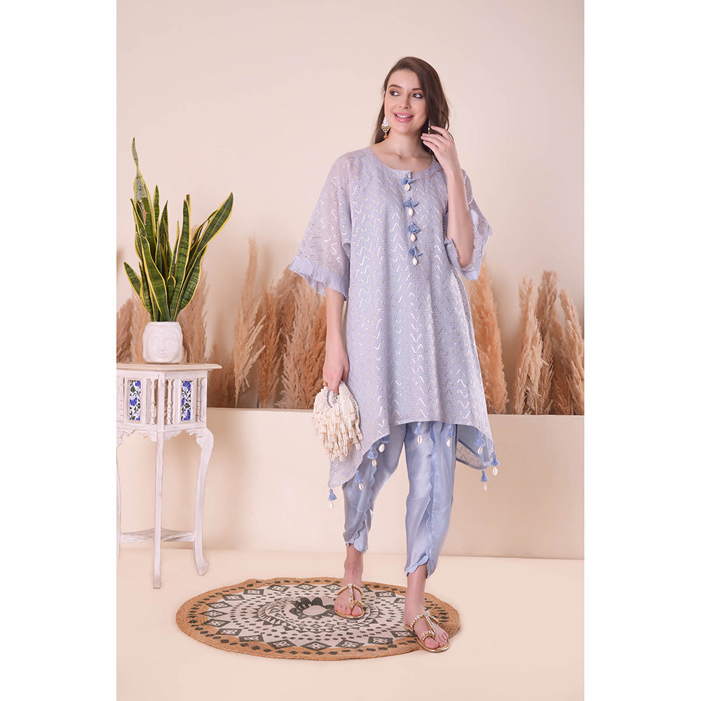SURABHI ARYA Powder Blue Wave Kimono Kurta with Dhoti Pant and Slip- Lavender