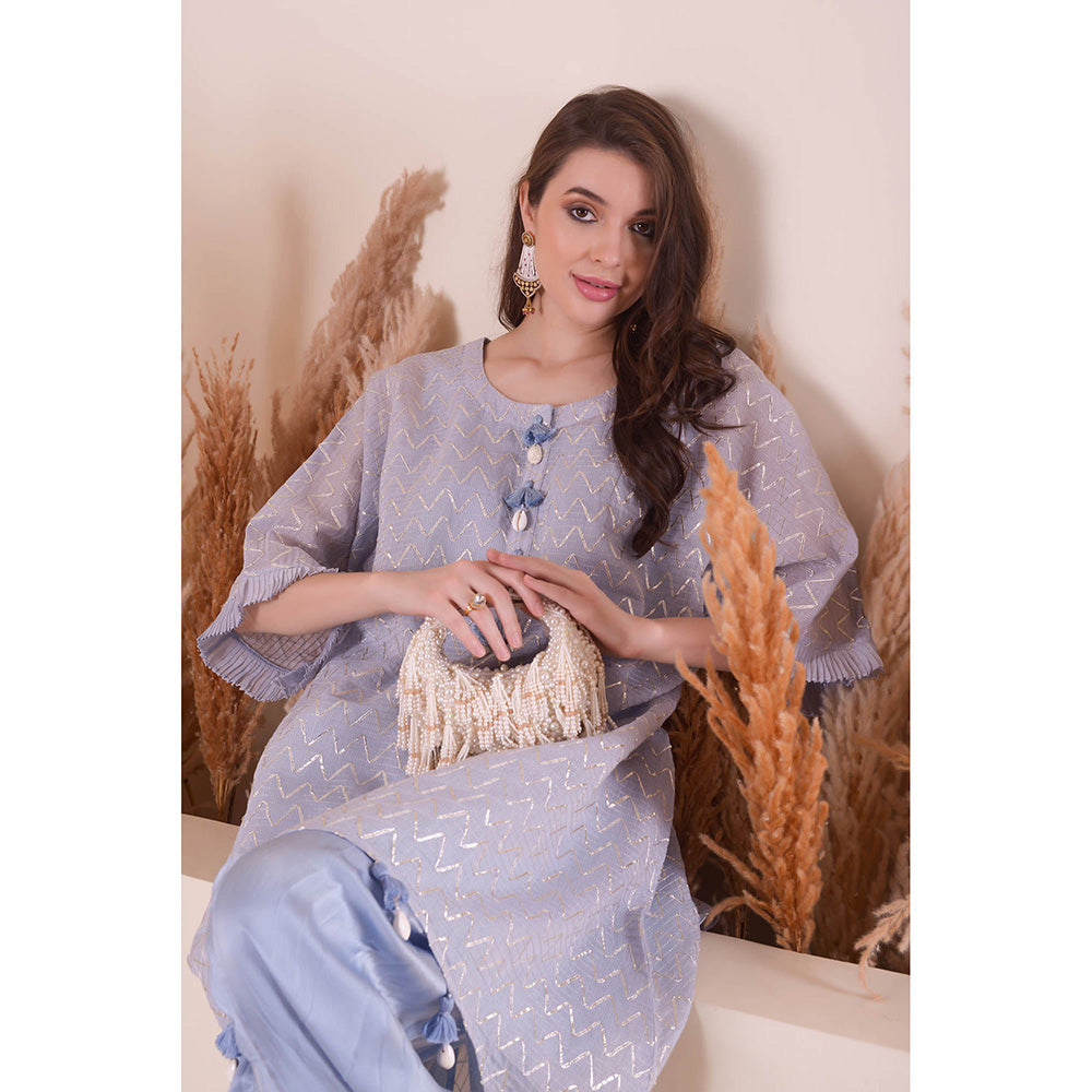 SURABHI ARYA Powder Blue Wave Kimono Kurta with Dhoti Pant and Slip- Lavender